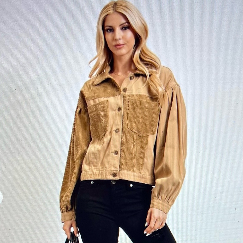 Easel Tan Cropped Jean Jacket Corduroy